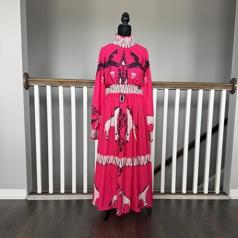 Sunday Up Horse Print Smocked Maxi Dress Small Pink Equestrian Boho Mock Neck
